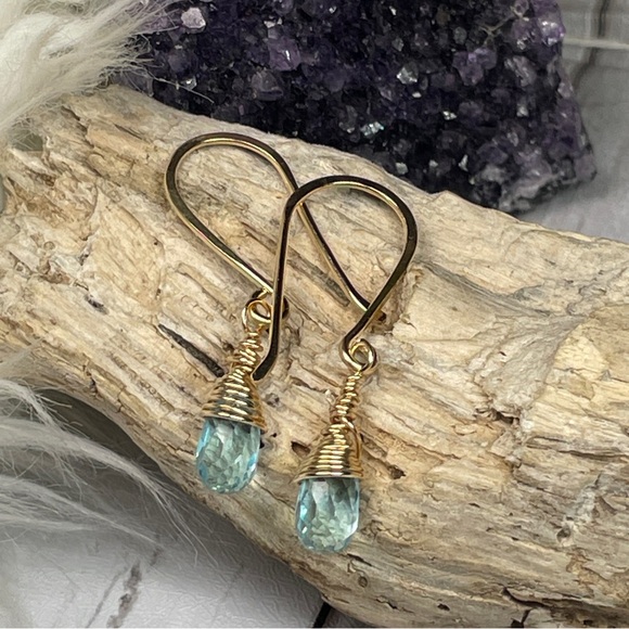 Aquamarine Quartz Crystal Earrings Artisan Designed 14k Gold Filled Wire - Picture 16 of 17